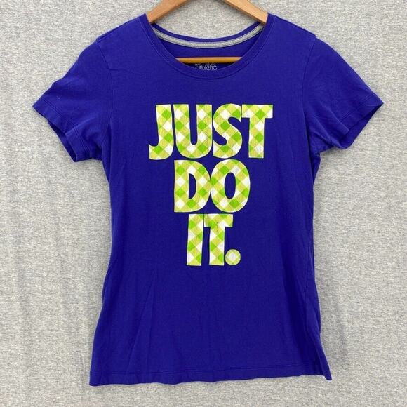 Nike Shirt Womens Medium Slim Fit Blue Short Sleeve Just Do It Graphics - Picture 1 of 10